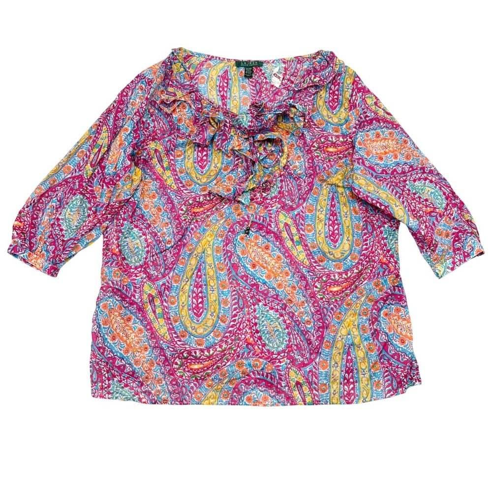 Lauren Ralph Lauren Top Plus Size 2X Multicolor Paisley Floral Ruffle Trim NW‎